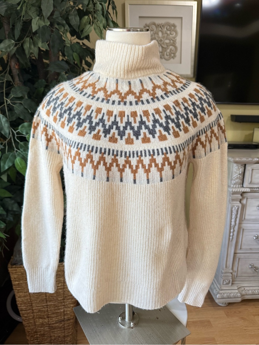 J.Crew Fair Isle Turtleneck Sweater Lambswool Blend Cream Brown Gray Size S